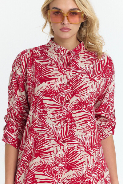 bacc Women's Red Floral Patterned Long Tunic and Pants Woven Viscon Bottom Top Set Bcvl-25V053-2