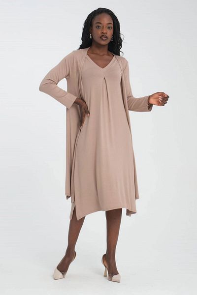 bacc White Beige Sleeveless Dress - Soft Textured Viscon Bottom Top Set with Long Cardigan