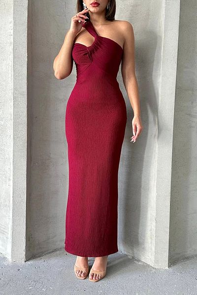bacc Rochie de damă burgundă cu un singur umăr, lungime maxi, Bchn- 2525455