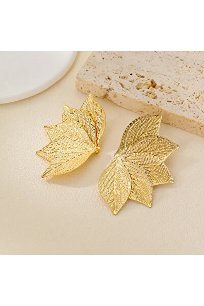 GIFTPALACE 1 Çift Zarif Altın Kaplama Yaprak Tasarımı Metal Küpe