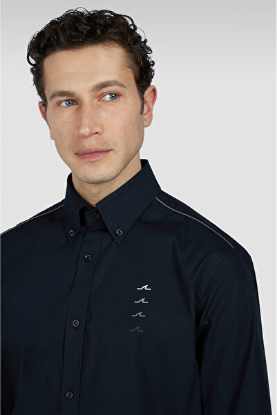 PAUL&SHARK Erkek Omzu Şerit Çizgi Detaylı %100 Pamuklu Normal Kesim Göğsünde Yüzgeç Baskılı Uzun Kollu Siyah Gö