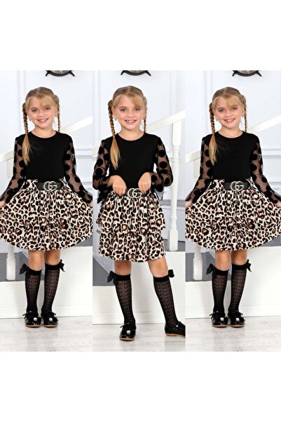 Calisa Eid Leopard Ruffle Skirt Tulle Sleeve Blouse Set