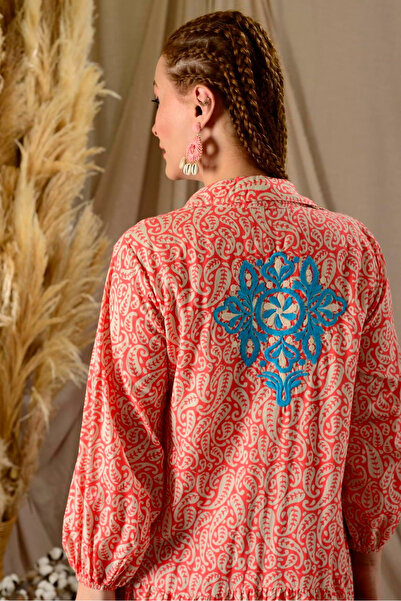 Park Moda Kadın Desenli İşlemeli Pamuklu Maxi Cepli Uzun Gömlek Elbise