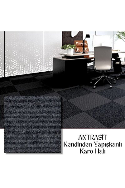 KatFlex Halıflex Kendinden Yapışkanlı Karo Halı 40x40 Cm (6 ADET=1M²) Antrasit Rip Halı Keçe Kaymaz Halı