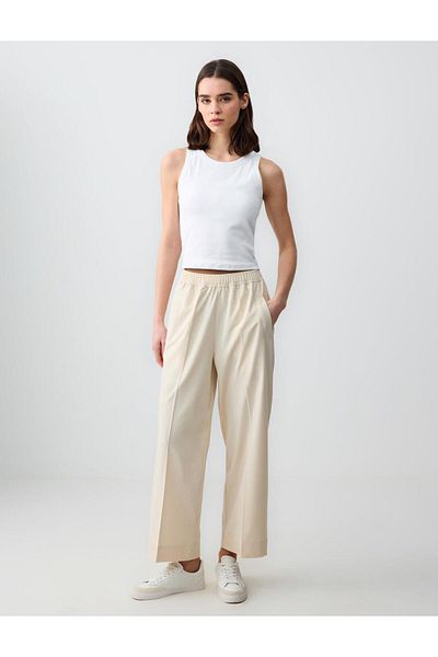 Jimmy Key Light Beige Relaxed Cut High Waist Loose Wide Leg Patterned Woven Trousers