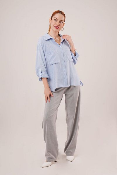 MODAVERA Bat Sleeve Striped Blue Shirt with Pocket Detail