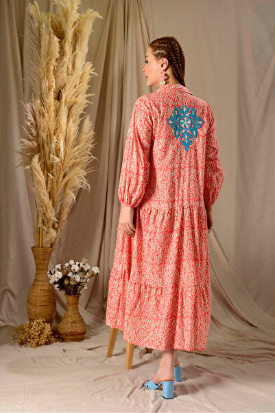 Park Moda Kadın Desenli İşlemeli Pamuklu Maxi Cepli Uzun Gömlek Elbise