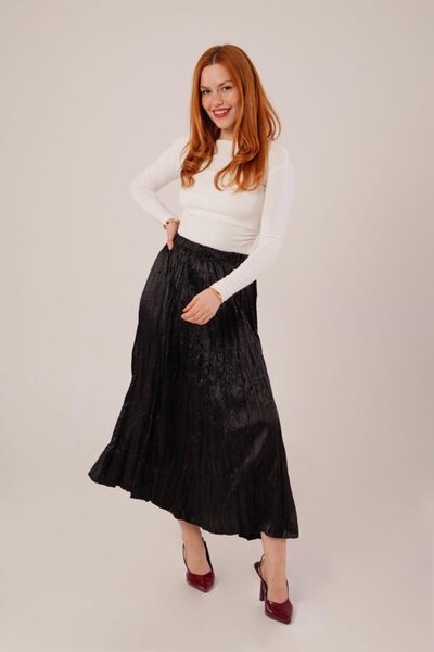 JANES Midi Length Pleated Satin Black Skirt
