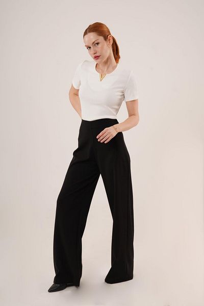 Moda Asmira    Wide Leg Side Zipper Black Fabric Trousers
