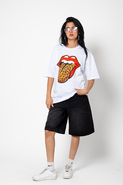 Sekizbiraltı Unisex Premium Λευκό Oversize T-Shirt - Rolling Stones Leopard Printed