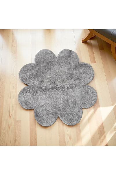 Paco Home Dekoratif Gri Peluş Yumuşak Papatya Desen Halı