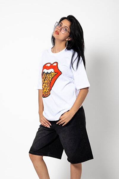 Sekizbiraltı Unisex Premium White Oversize T-Shirt - Rolling Stones Leopard Printed