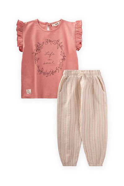Cigit Set tricou cu imprimeu floral roz și pantaloni din muselină pentru vârste 2-10 ani