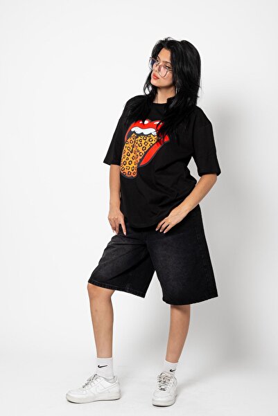 Sekizbiraltı Rolling Stones Leopard Patterned Black Oversize T-Shirt