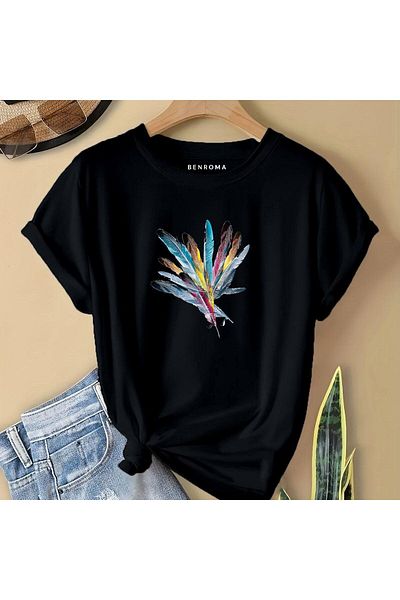 BENROMA In Cart 6 and Above Purchases Get 1 T-Shirt as a Gift - Feather Printed Children's T-Shirt