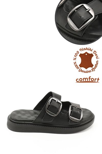 GÖNDERİ(R) Women / Girls Black Buckle Genuine Leather Comfort Slippers