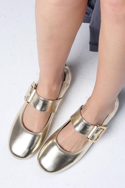 Mio Gusto Diega Gold Color Thick Belted Women's Ballerinas