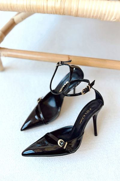 POLKA STORE Charm Pointed Toe Tape Detailed Metal Buckle Back Open Stiletto Evening Dress Heeled Women's Shoes