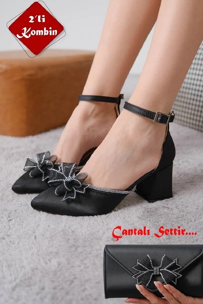 Moda Değirmeni Set geantă cu fundă din tul cu pantofi de damă Black Saden, tocuri groase MD1112-121-0008