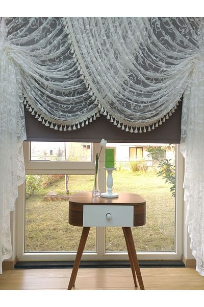 farbateks White Shawl Design Fringed Double Breasted Curtain Yanki Tulle Theater Model Curtain