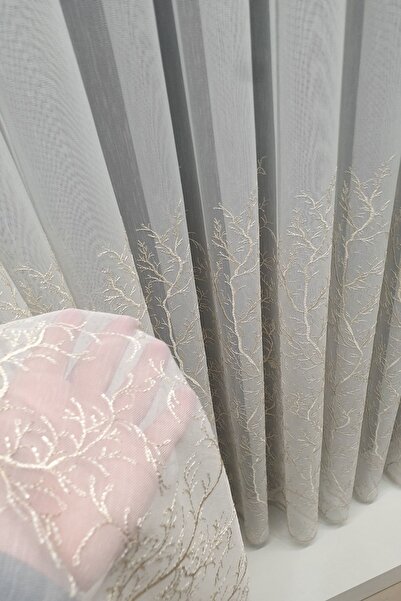 farbateks Κουρτίνα Trend Zemin Ttm - Χρυσό Κυπαρίσσι με χρυσό στολισμό, 1/3 στρώσεις πλισέ τούλι