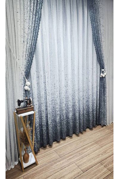 farbateks New Design Gray-Anthracite-Smoked Sprinkled Tulle Background Curtain Right/Left Set