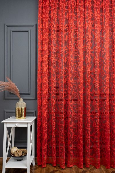 farbateks Classic Shawl Pattern Red Color Pattern Design 1e3 Layer Pleated Tulle Curtain