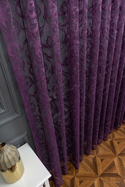 farbateks Classic Shawl Pattern Purple Color Pattern Design 2 Layers Pleated Tulle Curtain
