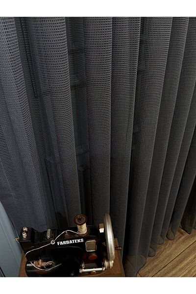 farbateks 3 Layers Pleated Gray Smoked Tulle Kitchen Curtain