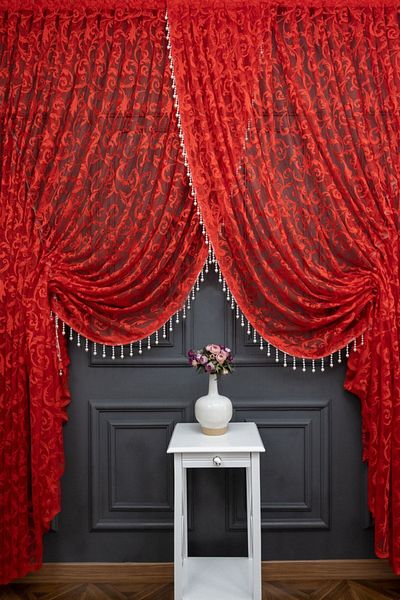 farbateks Red Shawl Design Beaded Double Breasted Curtain Yanki Tulle Theater Model Curtain