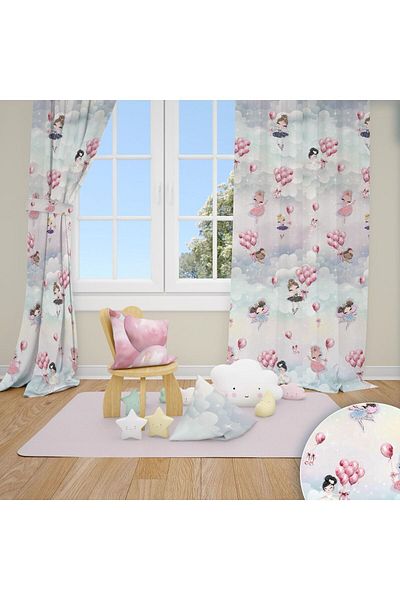 farbateks Sky Face Design Girl's Room - Flat Planted Sunshade Background Curtain with Balloons and Haunted