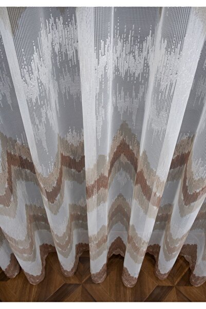 farbateks Beige Mink Brown Colored Harmony Zigzag Patterned 1/3 Layer Pleated Tulle Curtain
