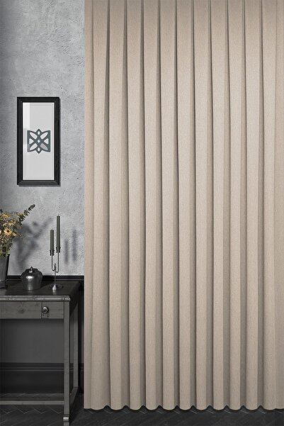 MARİTSA Background Curtain - Satin Series Elegans Pattern Sand Beige Close Pleat (1X3) Single Wing Curtain