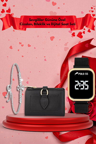 polo55.sport.1855 Sevgililer Gününe Özel Cüzdan, Bileklik ve Dijital Saat Seti