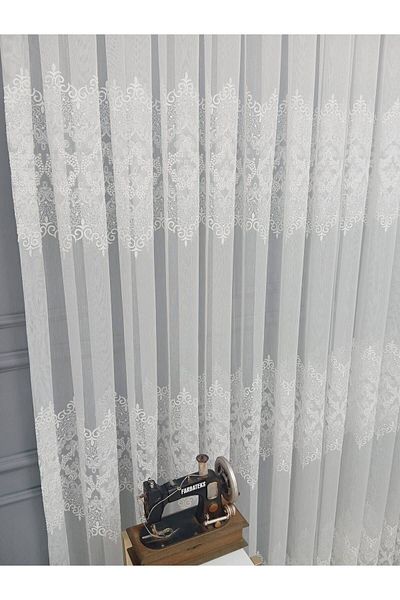 farbateks Hürrem Model Design - 2 Layer Pleated and Embroidered Living Room Tulle Curtain