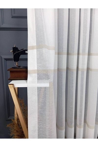 Brillant Farbateks Beige Mink Brown Striped 1/3 Layer Pleated Tulle Curtain