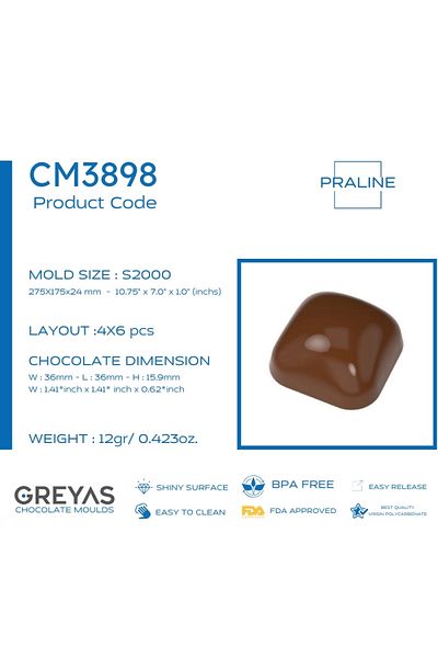 Greyas Polycarbonate Square Praline Chocolate Mold 12 Gr |   Cm-3898