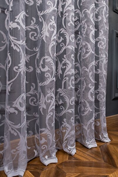 farbateks Classic Shawl Pattern Gray Smoke Color Pattern Design 1e3 Layer Pleated Tulle Curtain