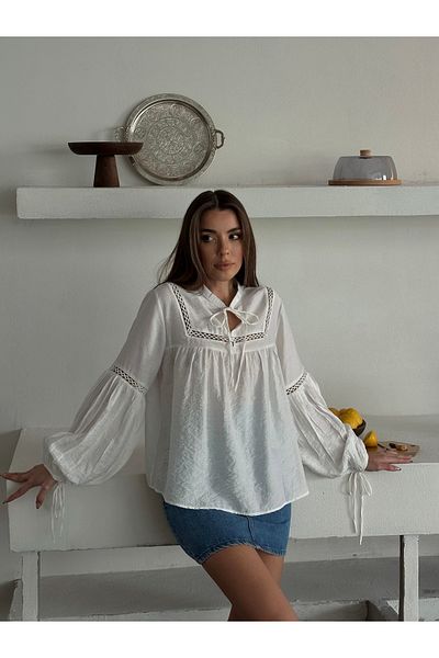 BELLA FASHION Embroidered Blouse with Lace-Up Collar