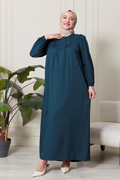 Ferace Large Size High Collar Viscose Hijab Dress - Fabric Pleated and Pleated
