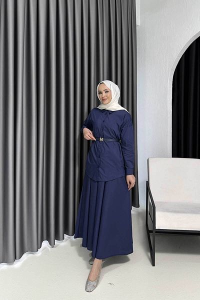 Melike Tatar Meli̇ke Belted Poplin Skirt Suit 3507 Dark Blue