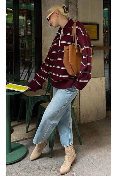 Madmext Pulover cu guler polo cu nasturi în dungi burgundy Mg2357