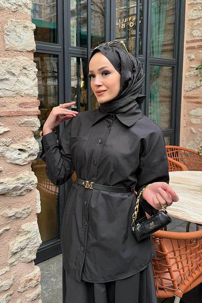 Melike Tatar MELİKE CURTĂ POPLIN CU FUSTA 3507 NEGRU