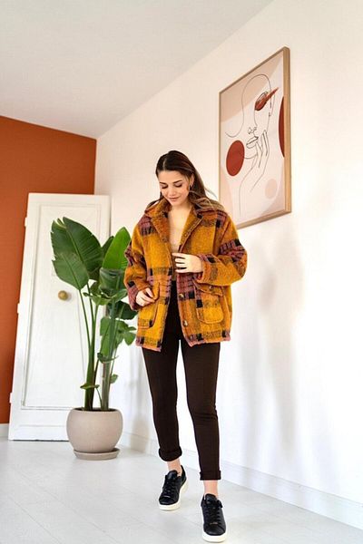 modaserdem Mustard Fuchsia Buttoned Plaid Coat