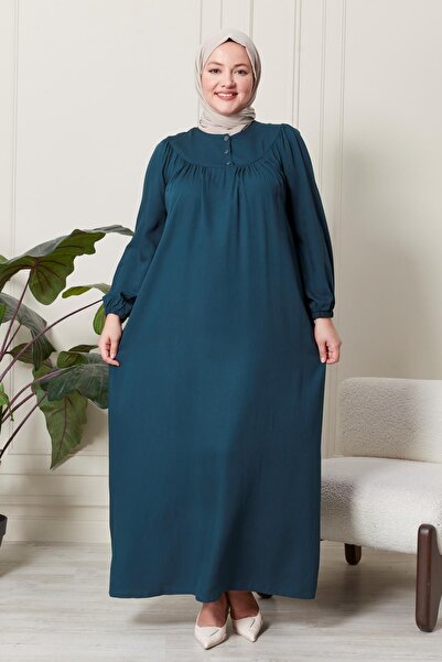Ferace Large Size High Collar Viscose Hijab Dress - Fabric Pleated and Pleated