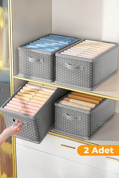 Serstil 2 Pieces - Gray Spotted Cabinet Organizer, 45X25X20 cm Foldable Clothing Storage Box