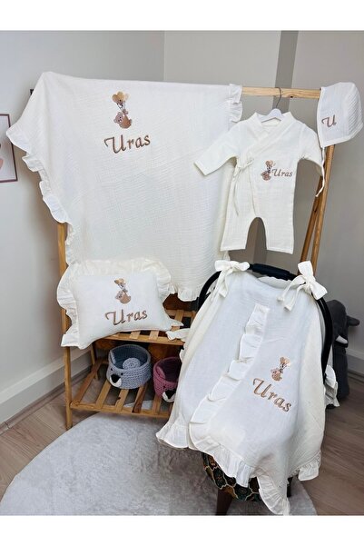 KARSU TASARIM İsme Özel %100 Pamuk Müslin Bebek Hastane Çıkış Seti Ve Puset Ö...