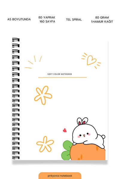 pnkycrco A5 Spiralli Bunny Not Defteri Okul Defteri Çizgisiz 80 Yaprak 160 Sayfa