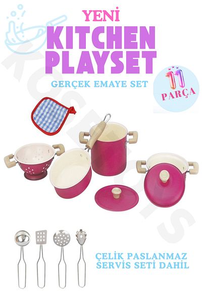 kosetoys Girl Child Toy Kitchen Set 11 Pieces Real Enamel Pots Pans Set