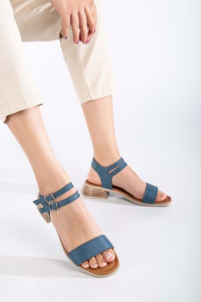 ANALİN SHOES Sandale de damă din piele naturală albastră denim - cu toc mic